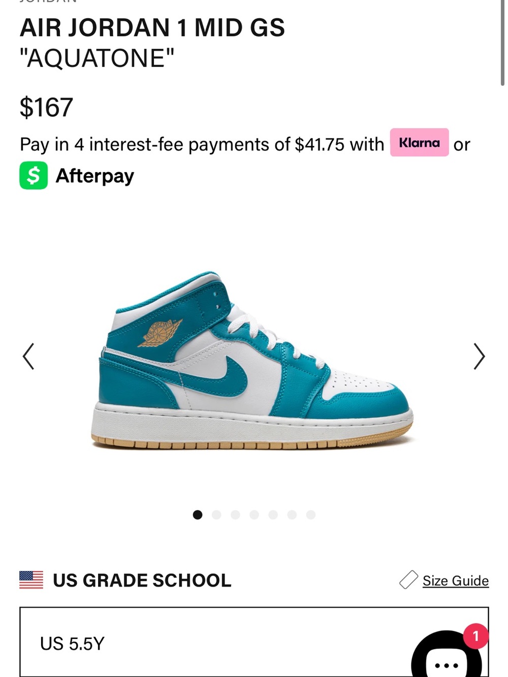 Air Jordan 1 retro mid aquatone sneakers size youth 5.5